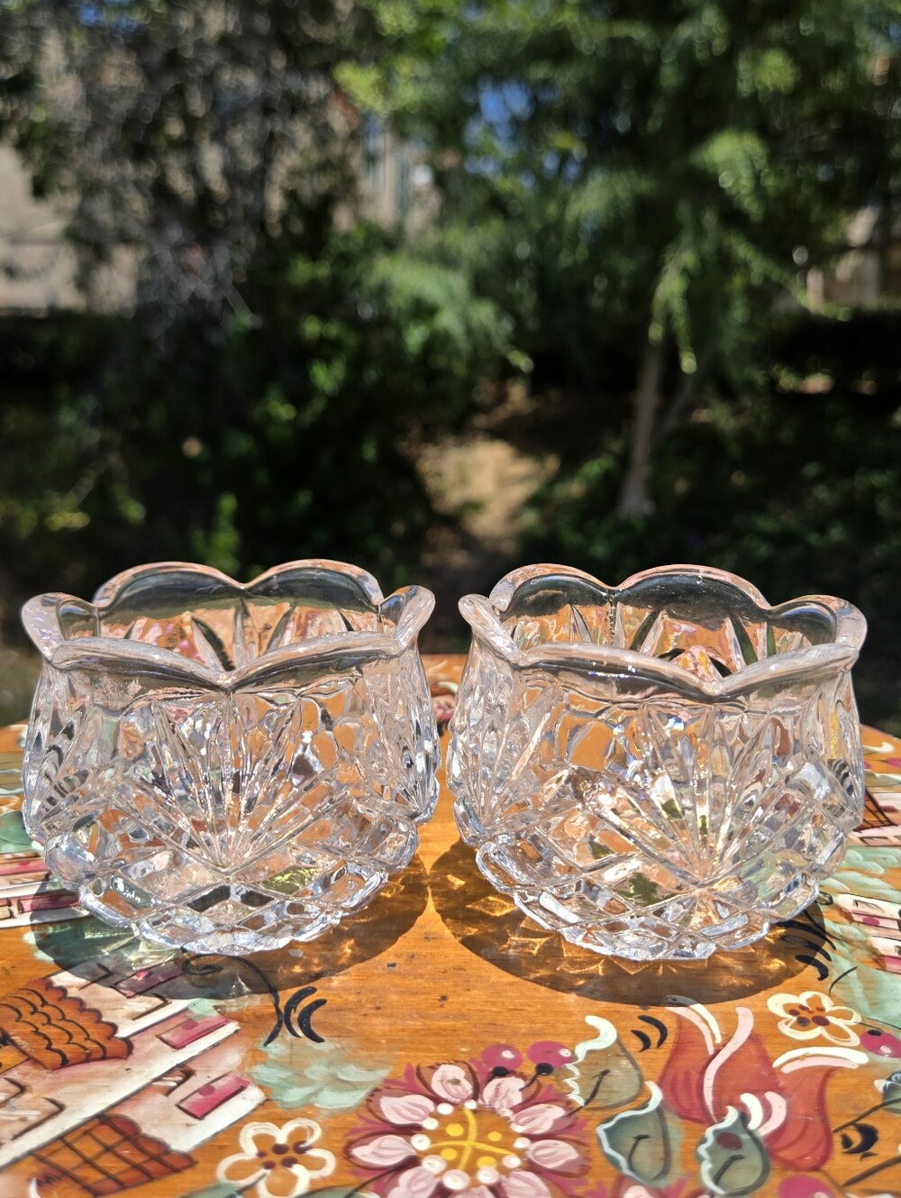 VTG Pair 24% Crystal Votive Candle Holders Tulip Scallop Edge Cut Glass Bowls